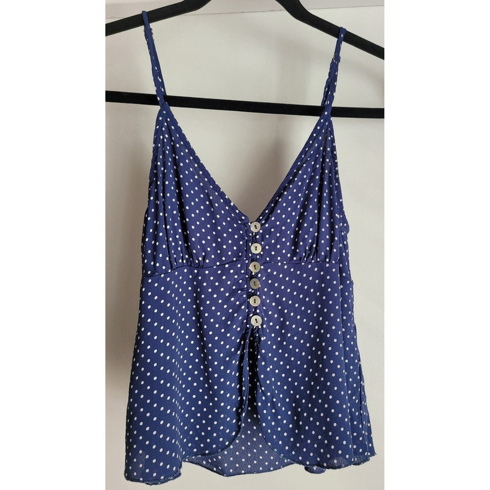 Blue Life Tank Top S Boho Polka Dot V-Neck Sleeveless Blouse Cami Shirt